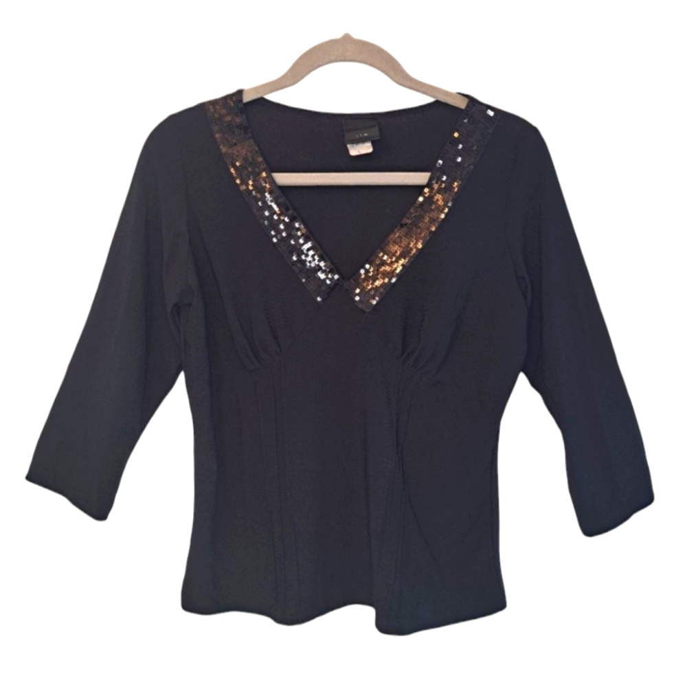 JTB Black Stretchy Sequin Collared V Neck 3/4 Sleeve Blouse Size Large